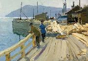 Anatoli Ilych Vasiliev Baikal Lake boat station. At the moorage oil painting